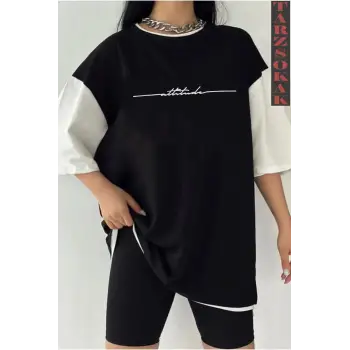 Siyah Oversize Çift Renk ATTİUDE Baskılı Unisex Tshirt