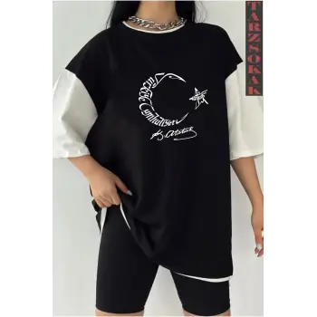 Siyah Oversize Çift Renk AY Baskılı Unisex Tshirt