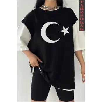 Siyah Oversize Çift Renk AY YILDIZ Baskılı Unisex Tshirt