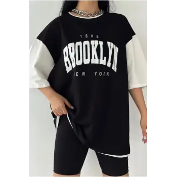 Siyah Oversize Çift Renk Baskılı Unisex Tshirtt