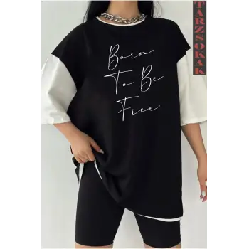 Siyah Oversize Çift Renk BRON TU BE Baskılı Unisex Tshirt