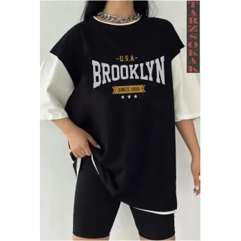Siyah Oversize Çift Renk BROOKLYN  Baskılı Unisex Tshirt