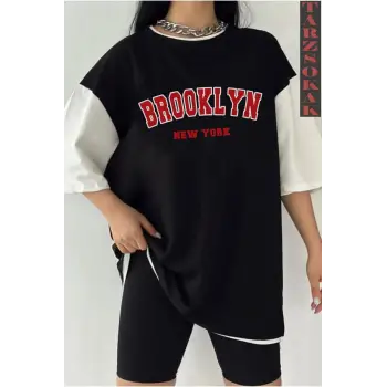 Siyah Oversize Çift Renk BROOKLYN  Baskılı Unisex Tshirt
