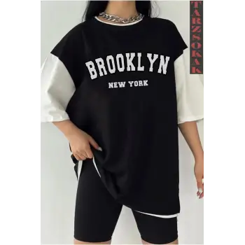 Siyah Oversize Çift Renk BROOKLYN NYC Baskılı Unisex Tshirt