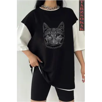 Siyah Oversize Çift Renk CAT  Baskılı Unisex Tshirt