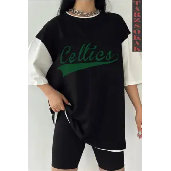 Siyah Oversize Çift Renk CEL  Baskılı Unisex Tshirt