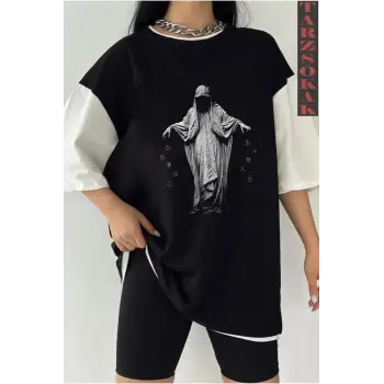 Siyah Oversize Çift Renk DREADLES  Baskılı Unisex Tshirt