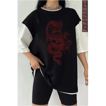 Siyah Oversize Çift Renk EJDERHA  Baskılı Unisex Tshirt