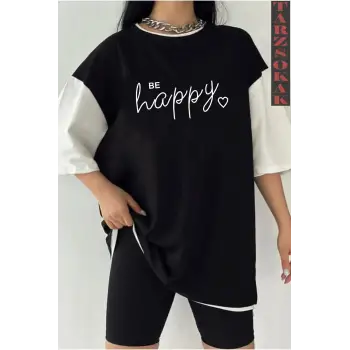 Siyah Oversize Çift Renk HAPPY Baskılı Unisex Tshirt