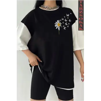 Siyah Oversize Çift Renk PAPATYA YAZI  Baskılı Unisex Tshirt