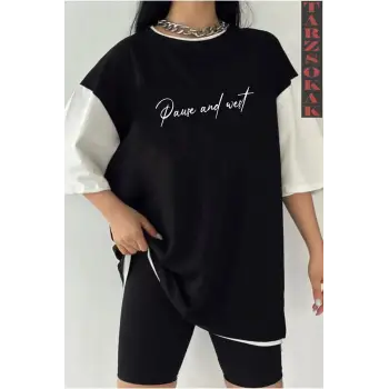 Siyah Oversize Çift Renk PAUSE YAZI  Baskılı Unisex Tshirt