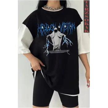 Siyah Oversize Çift Renk RİTUAL YAZI  Baskılı Unisex Tshirt