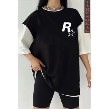 Siyah Oversize Çift Renk ROCKSSTAR  Baskılı Unisex Tshirt