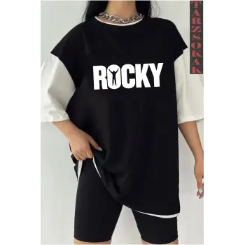 Siyah Oversize Çift Renk ROCKY  Baskılı Unisex Tshirt
