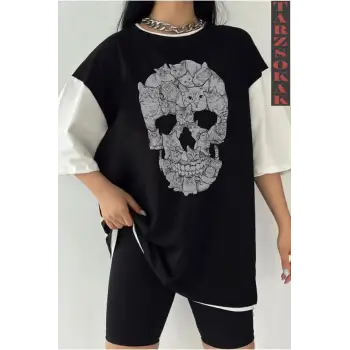 Siyah Oversize Çift Renk SKULL  Baskılı Unisex Tshirt