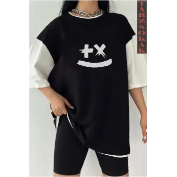 Siyah Oversize Çift Renk SMİLE  Baskılı Unisex Tshirt