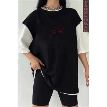 Siyah Oversize Çift Renk THE END  Baskılı Unisex Tshirt