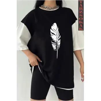 Siyah Oversize Çift Renk TÜY  Baskılı Unisex Tshirt