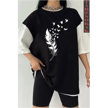 Siyah Oversize Çift Renk TÜY  Baskılı Unisex Tshirt