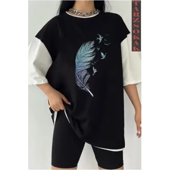 Siyah Oversize Çift Renk TÜY  Baskılı Unisex Tshirt
