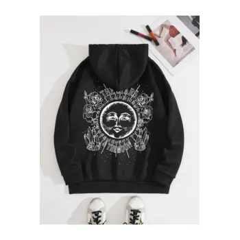 Siyah Oversize Güneş Baskılı Kapşonlu Kanguru Cepli Unisex Swetshirt