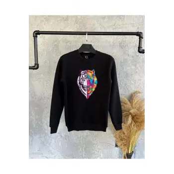 Siyah Oversize Kaplan Baskılı Kapşonsuz 0 Yaka Pamuklu Unisex Sweatshirt
