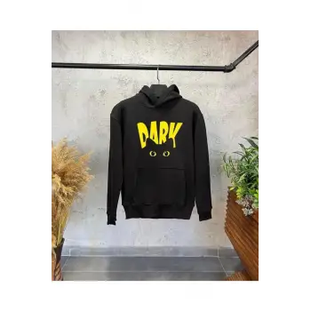 Siyah Oversize Kara Kedi Baskılı Kapüşonlu Pamuklu Unisex Sweatshirt