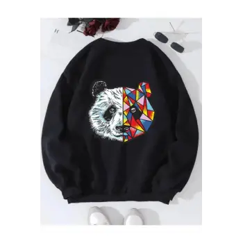 Siyah Oversize Panda Baskılı Pamuklu 0 Yaka Kapşonsuz Unisex Sweatshirt
