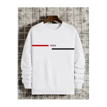 Siyah Oversize Paris Şerit Baskılı Pamuklu Kapşonsuz Bisiklet Yaka Unisex Sweatshirt