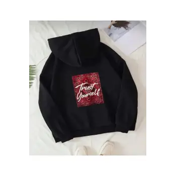 Siyah Oversize Trust Yourself Baskılı Kapşonlu Kanguru Cepli Pamuklu Sweatshirt