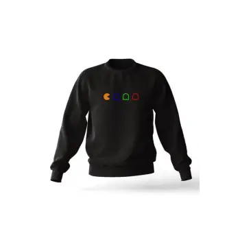 Siyah Oversıze Unisex Pacman Baskılı Pamuklu Kapşonsuz 0 Yaka Sweatshirt