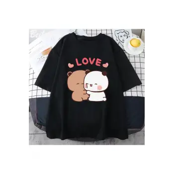 Siyah Panda ayı aşk Bubu Dudu çift baskı yaz estetik kore Tee