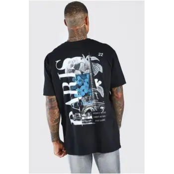 Siyah Paris Baskılı Oversize Bisiklet Yaka T-shirt