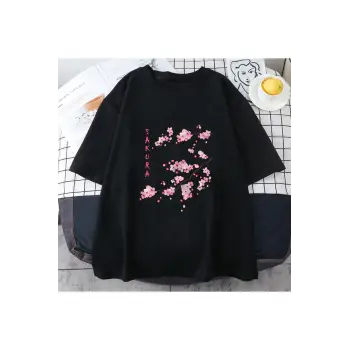 Siyah Sakura kiraz çiçeği komik güzel baskı Tee gömle