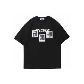 Siyah Sticker Baskılı Oversize Bisiklet Yaka Erkek Tişört