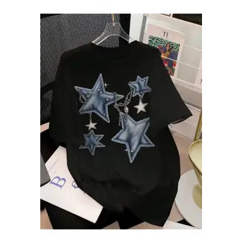 SİYAH T SHIRT YILDIZ DESENLİ