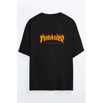 Siyah Trasher Baskılı Unisex Ovesize T-shirt