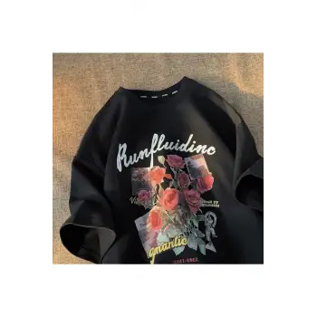 Siyah Unisex Gül Kolaj Tişört