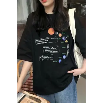 Siyah Unisex Güneş Sistemi Tişört