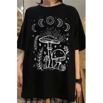 Siyah Unisex Moon Mantar Tişört