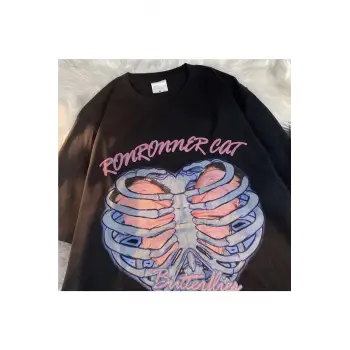 Siyah Unisex Ronronner Cat Iskelet Tişört