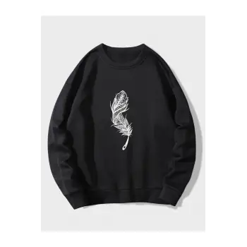 Siyah Yakasız Tüy Baskılı Unisex Sweatshirt
