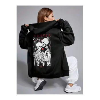 Skeleton & Letter Graphic Zip Up Hoodie Siyah
