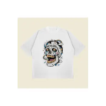 Skullrainbow Baskılı Oversize Unisex Pamuklu Nefes Alan Kalın Kumaşlı