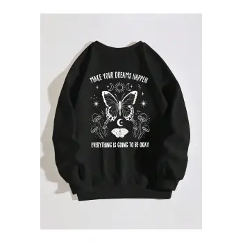 Slogan & Butterfly Print Pullover Siyah