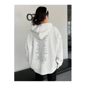Slogan Grafikli Damla Omuzlu Kapüşonlu Üst Gri