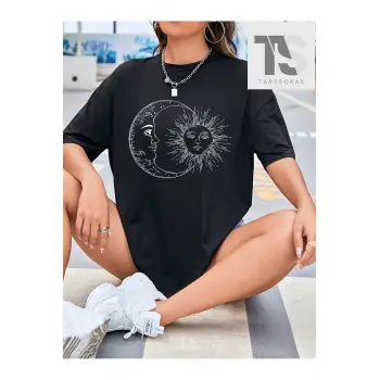 Slogan Grafikli Düşük Omuzlu Tişört