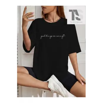 Slogan Grafikli Düşük Omuzlu Tişört