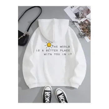 Slogan Graphic Drawstring Lined Kangaroo Pocket Hoodie Beyaz
