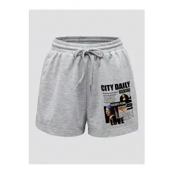 Slogan Graphic Drawstring Waist Track Şort